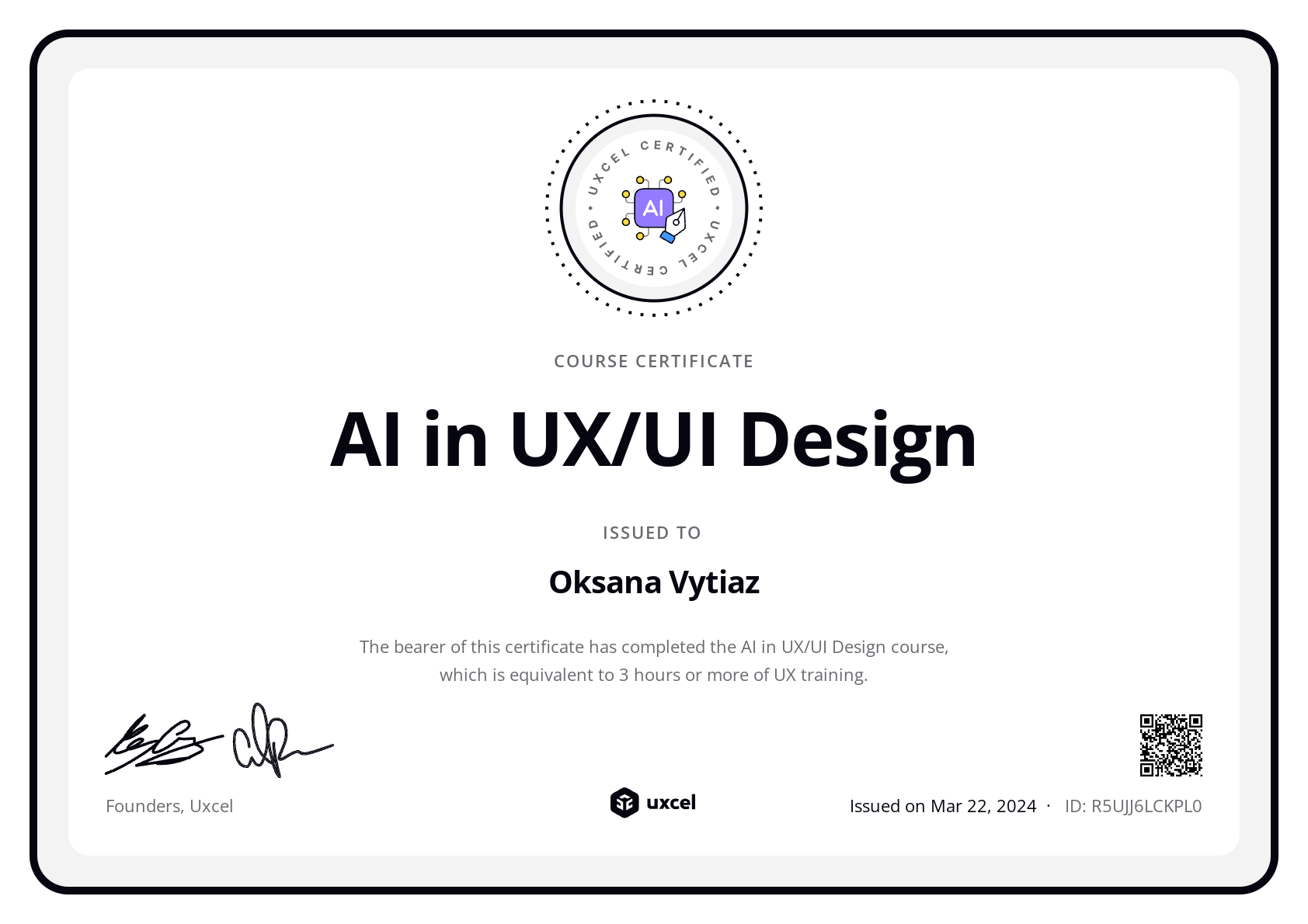 Oksana Vytiaz's certificate